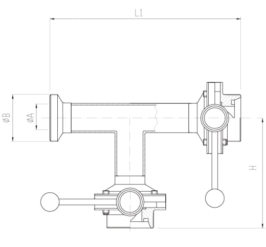 Клапан трёхходовой с 2-мя затворами нержавеющий 90 гр. правый DN80 M-M-M DIN 11851 AISI 304 (L)/1.4301 (7) (вкладыш EPDM)
